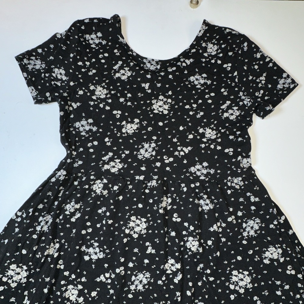 Old Navy Kid Girls XL 14-16 Black Floral Tiered Short Sleeve Dress Pockets